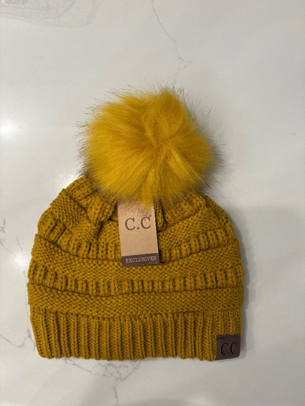 C.C Mustard Pom Ribbed Hat With Matching Faux Fur Pom